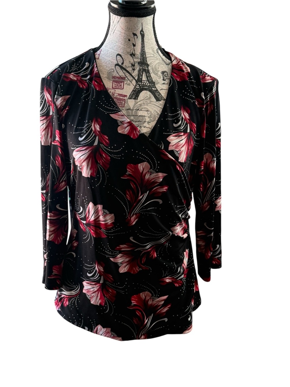 Tahari Black Wrap Blouse with Red Floral Print